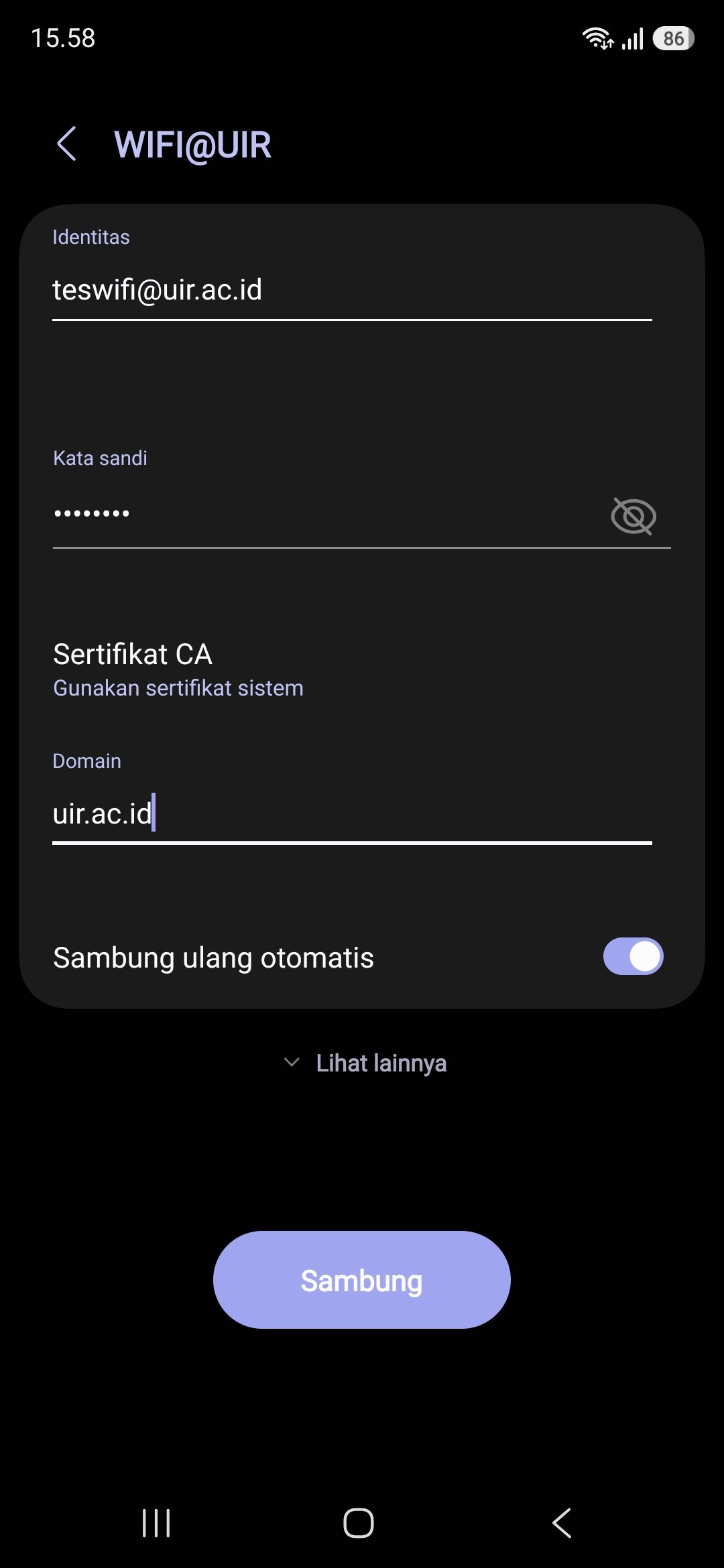 Android menggunakan sertifikat sistem dan domain uir.ac.id