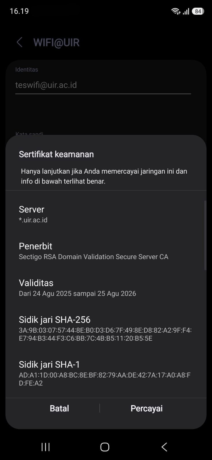 Android popup sertifikat keamanan dengan tombol Percayai