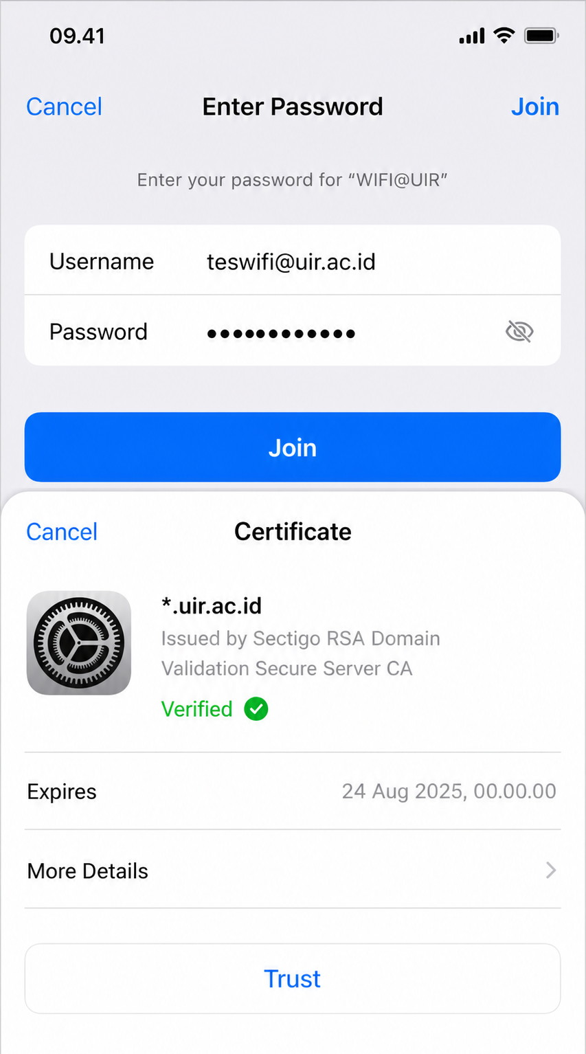 Ilustrasi iOS login enterprise dan trust sertifikat WiFi UIR