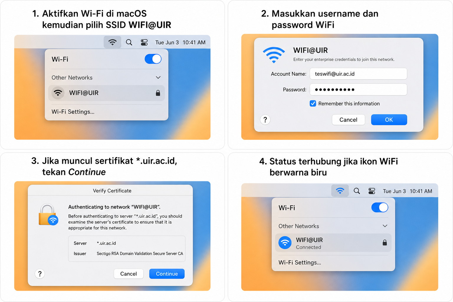 Ilustrasi macOS empat langkah untuk menyambungkan WiFi UIR