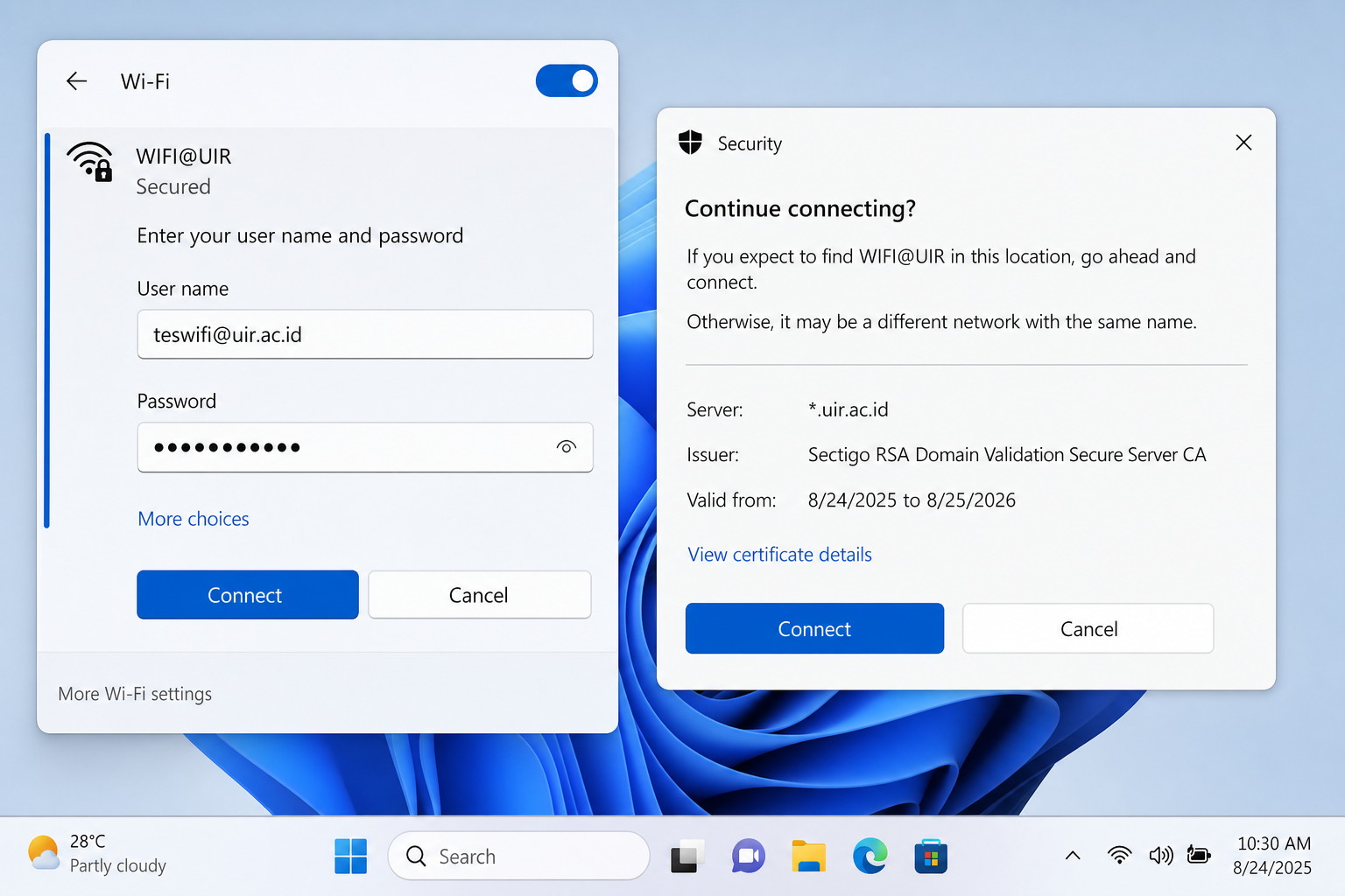 Ilustrasi Windows login enterprise dan konfirmasi sertifikat WiFi UIR